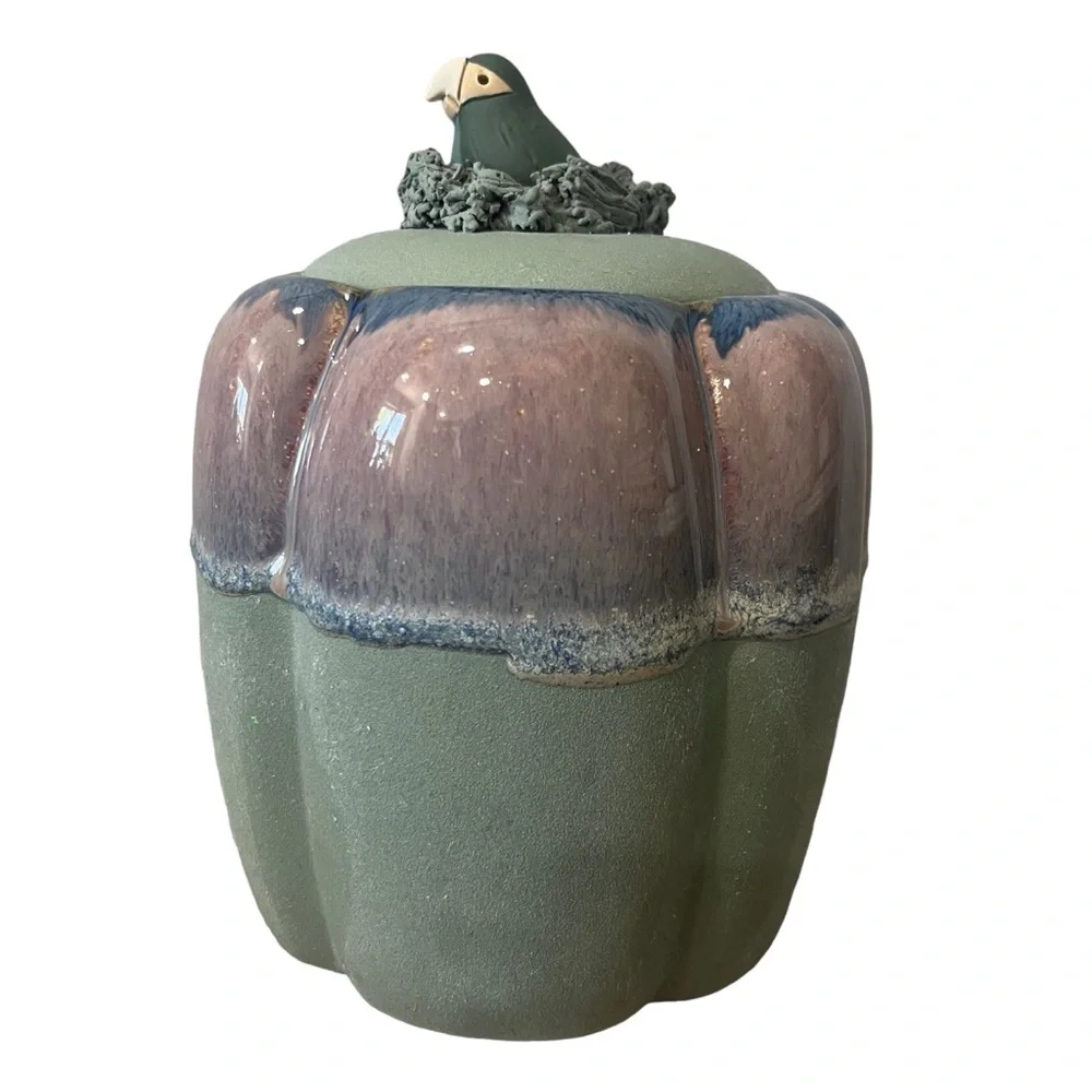Mexican Pottery Garlic Keeper Container With Lid Tropical Bird In Nest 2 pcs‎ 7”